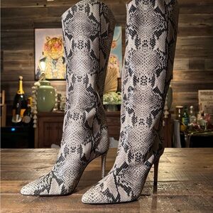 SCHUTZ Snake Skin Pointed Toe Stiletto Knee-High Boots